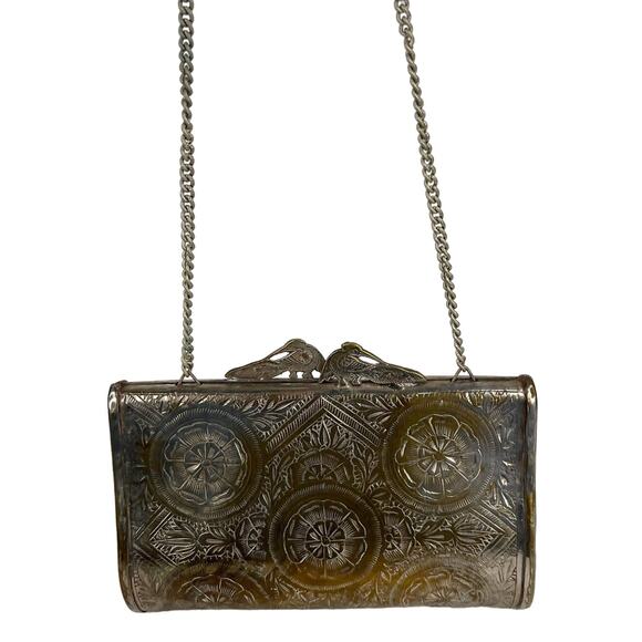 Vintage Peacock Flower Engraved Brass Pillow Purse Chain Strap 7" x 4.5" - Picture 7 of 16